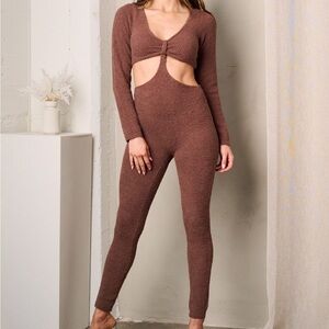 Cut Out Knit Brown Women's Jumpsuit